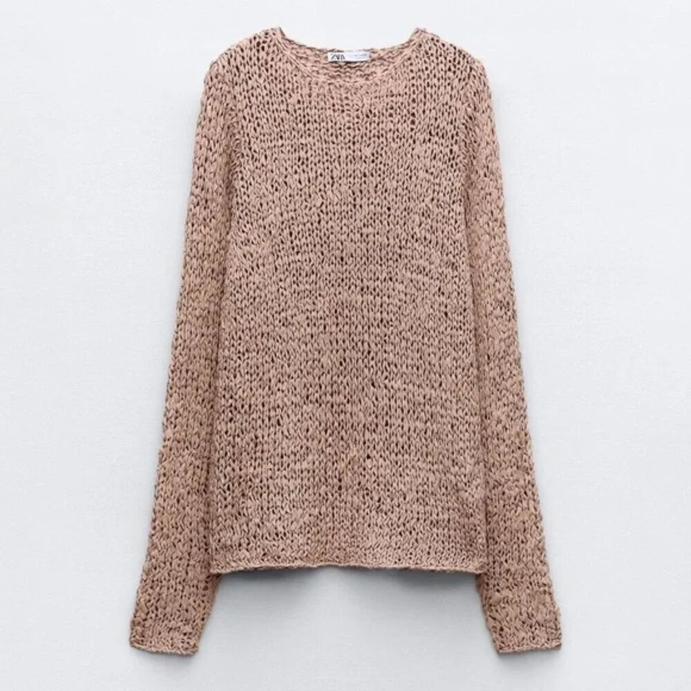 Tan Zara Loose Open Knit Braid Weave Round Neck Pullover Tunic Sweater (NWT)